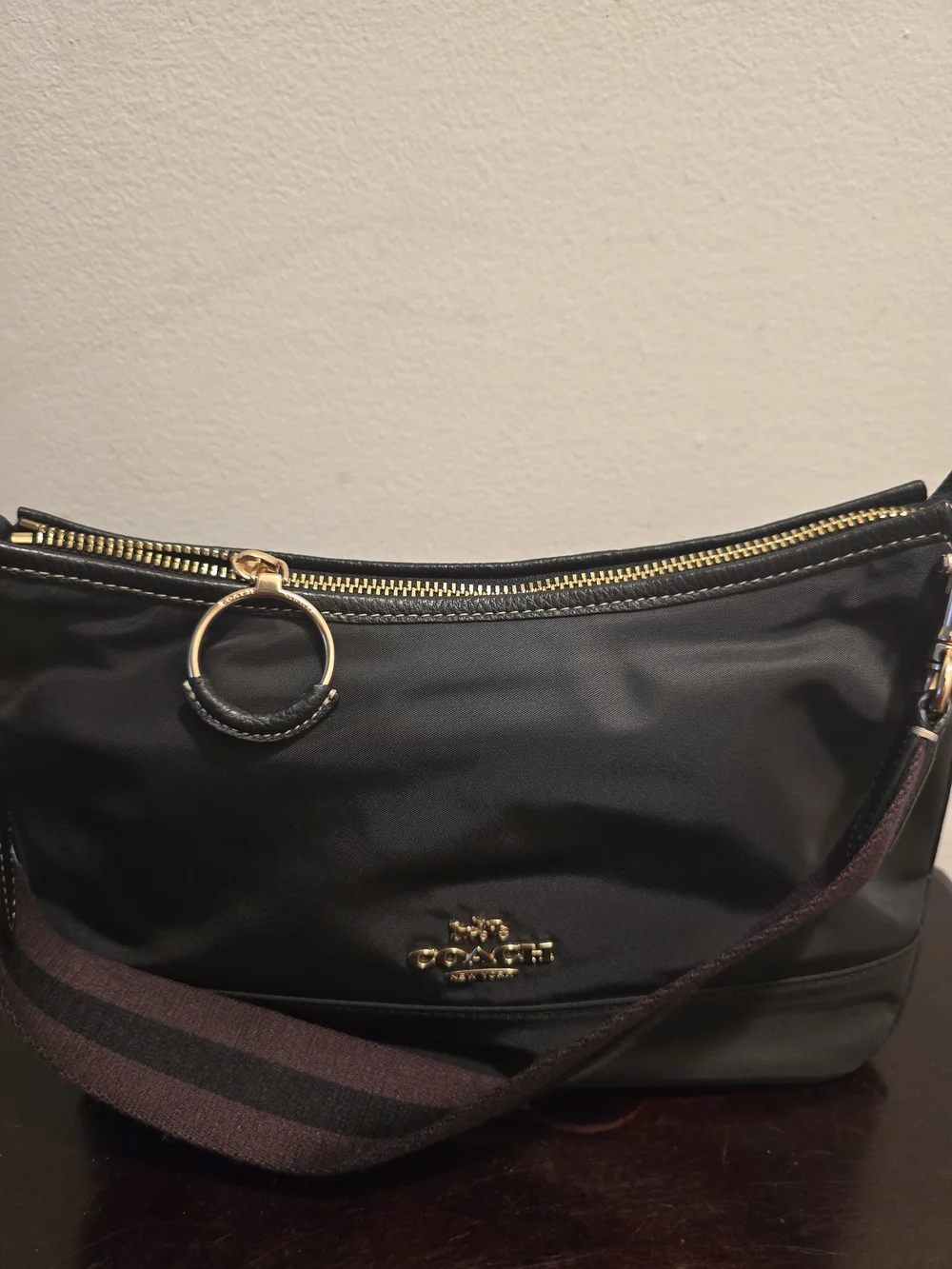 Coach Black Nylon Shoulder Bag with Gold Hardware and Striped Strap